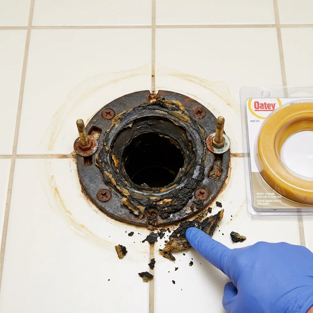 Failed wax ring showing water seepage at the base of a toilet in a Cottonwood, MN home