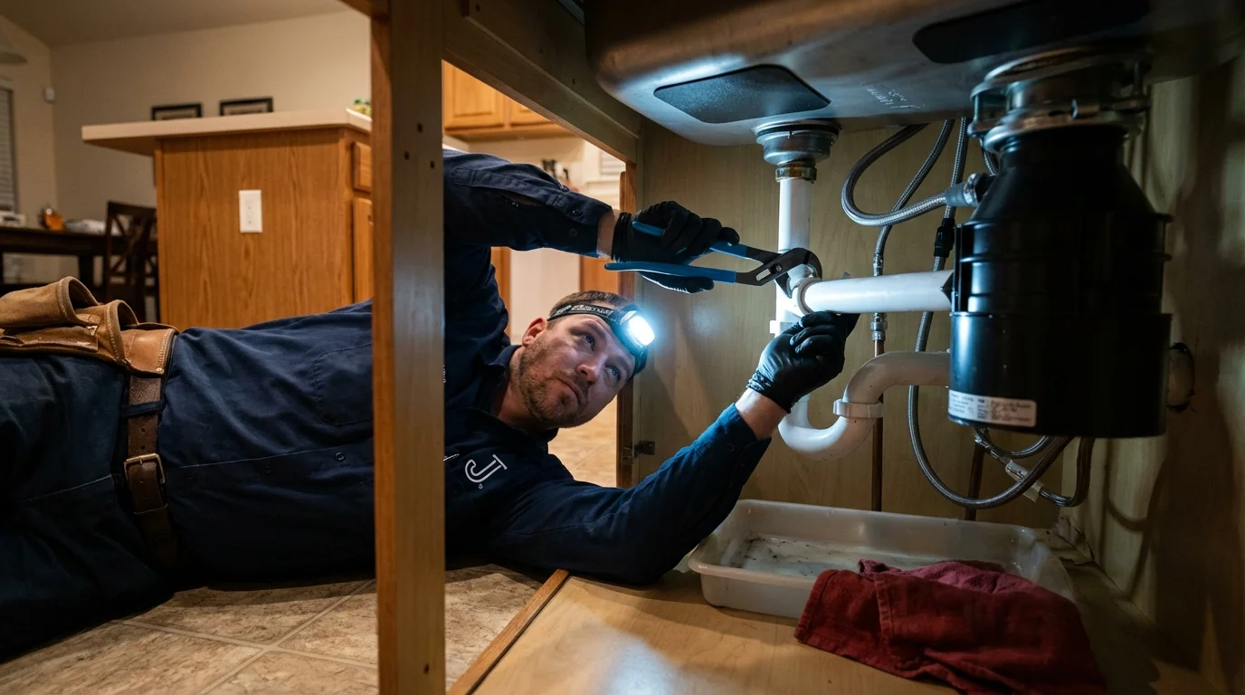 P-trap and supply line connections under a kitchen sink showing a common leak point in Cottonwood, MN